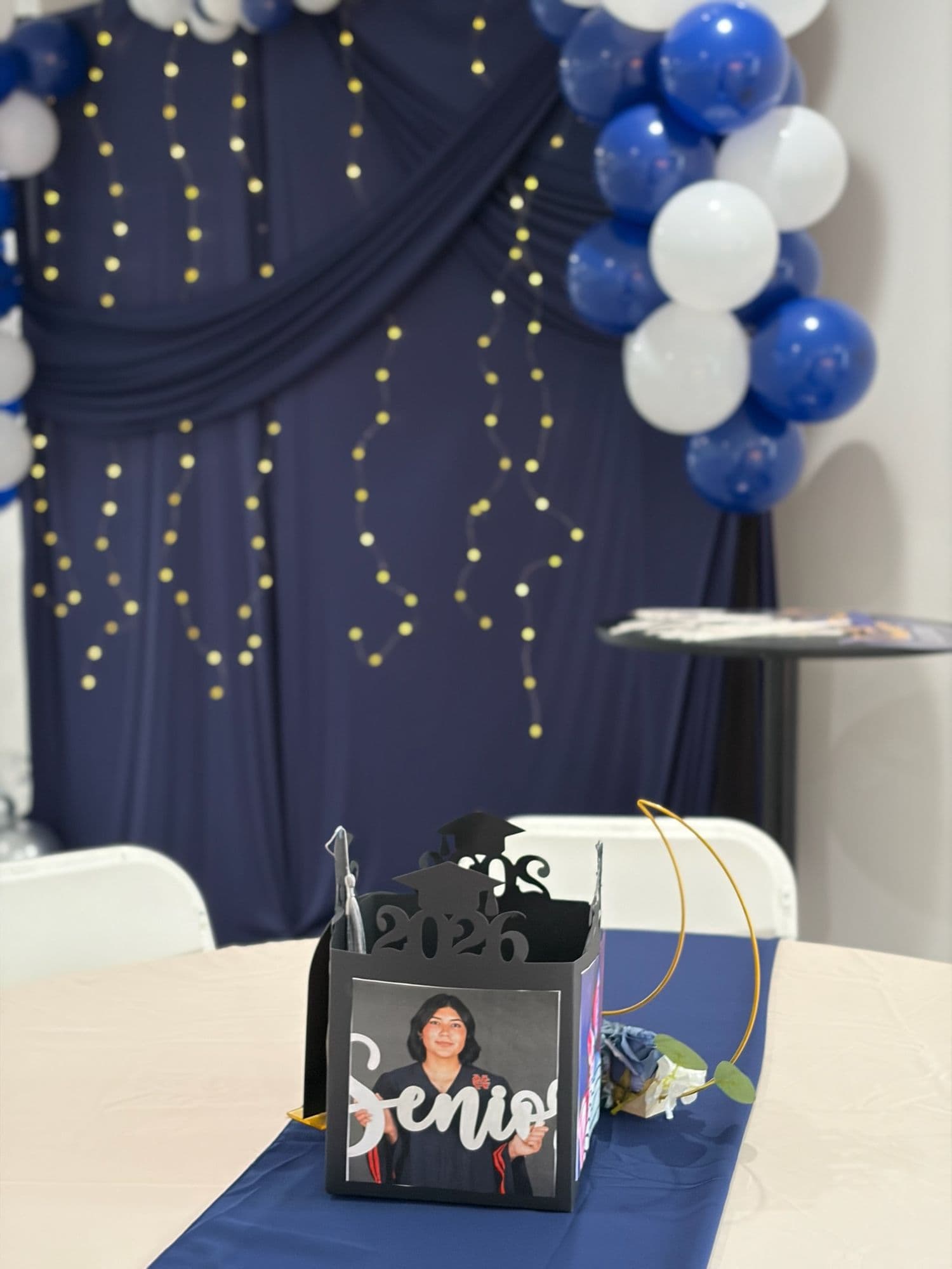 Navy table detail with a senior photo centerpiece