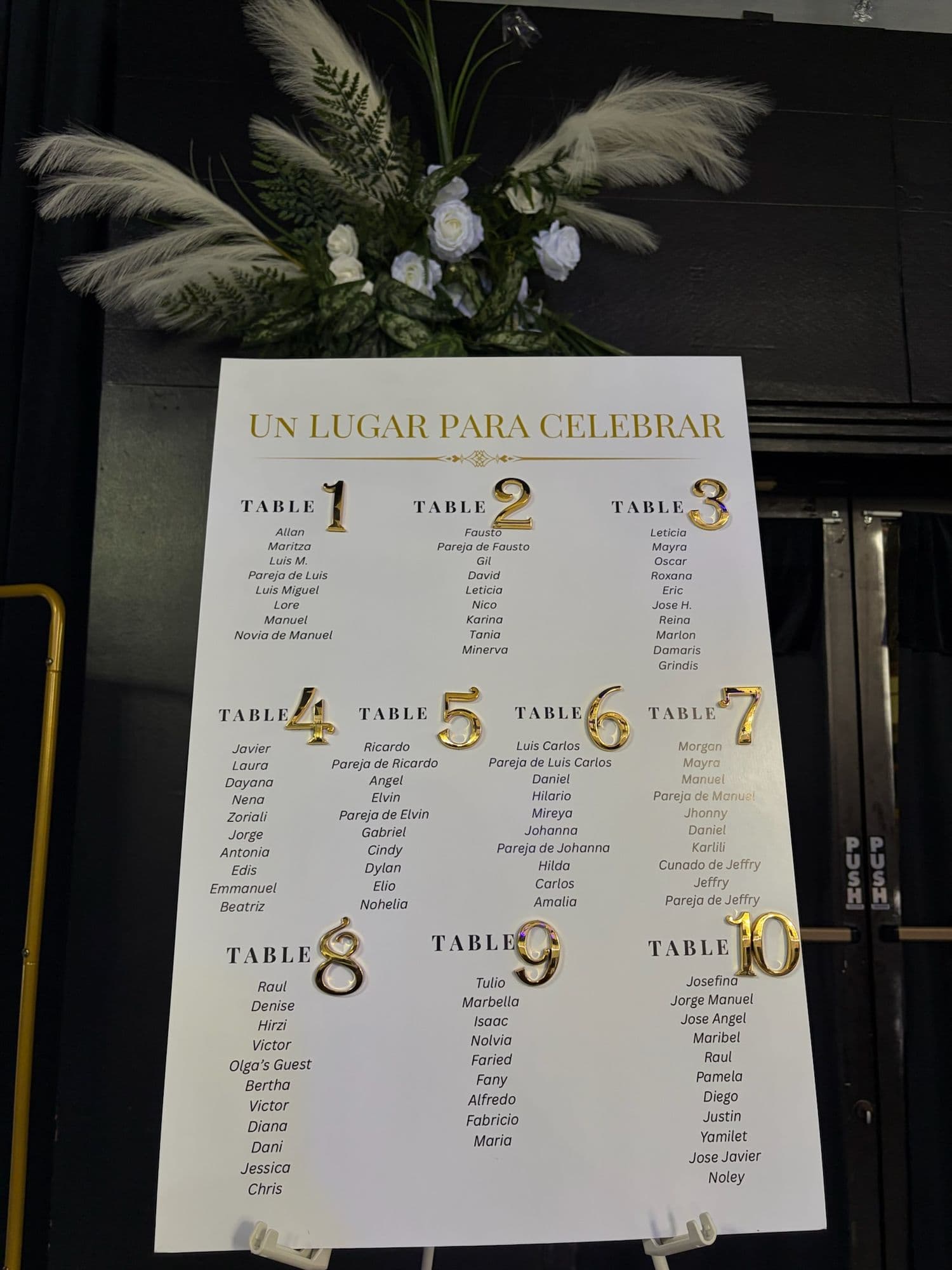 Un Lugar Para Celebrar seating chart framed with pampas grass and white roses
