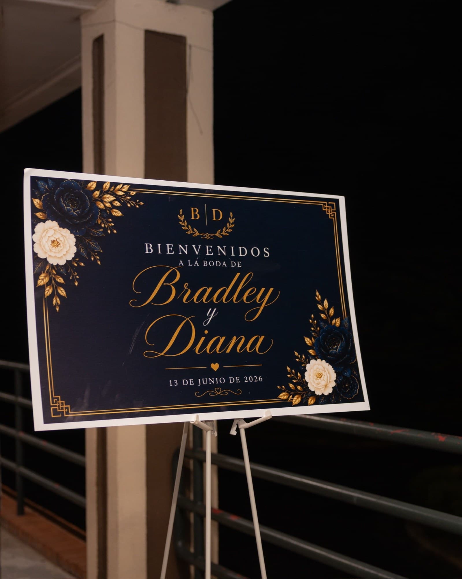 Navy and gold floral welcome sign for the wedding